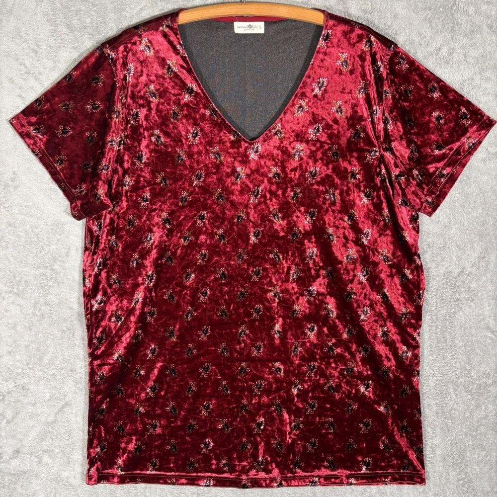 Natural Life Burgundy Crushed Velvet Floral V-Neck Tunic Top with Pockets Large